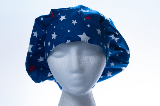 Patriotic Blue with Red and White Stars Bouffant Surgical Style Hat