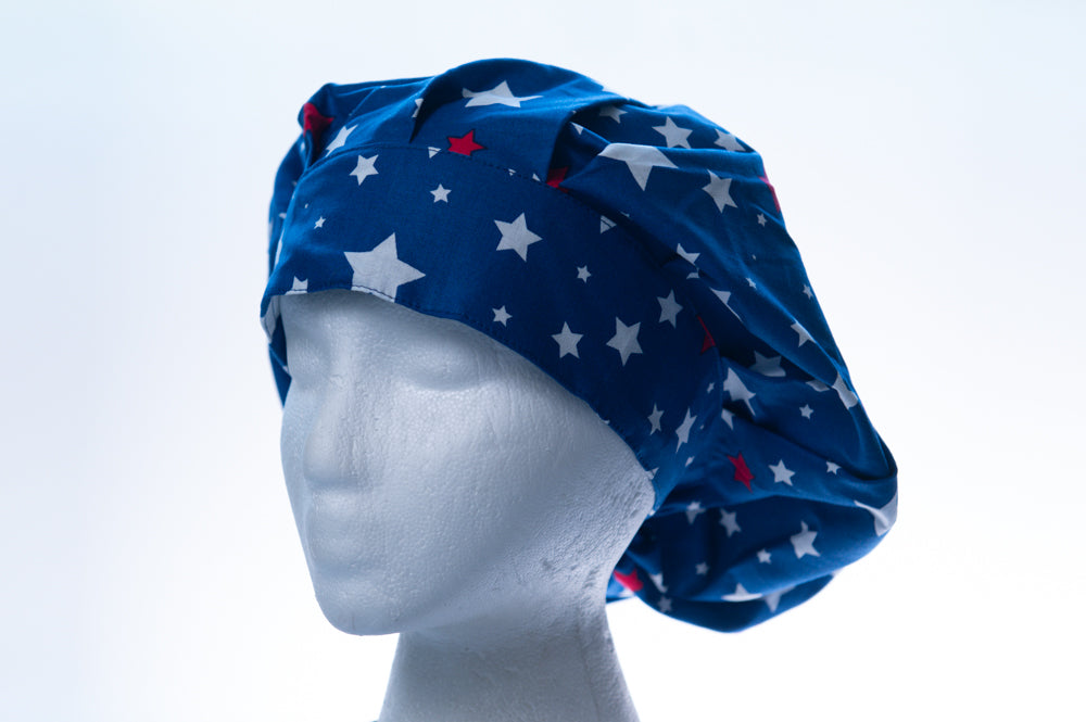 Patriotic Blue with Red and White Stars Bouffant Surgical Style Hat