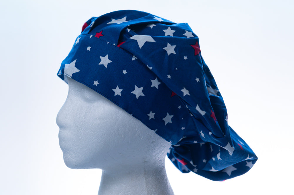 Patriotic Blue with Red and White Stars Bouffant Surgical Style Hat