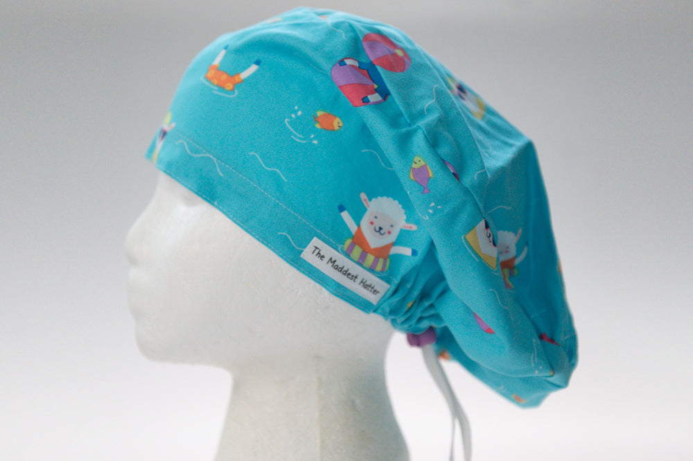 Turquoise Floating Farm Animals Sprite Style Surgical Hat