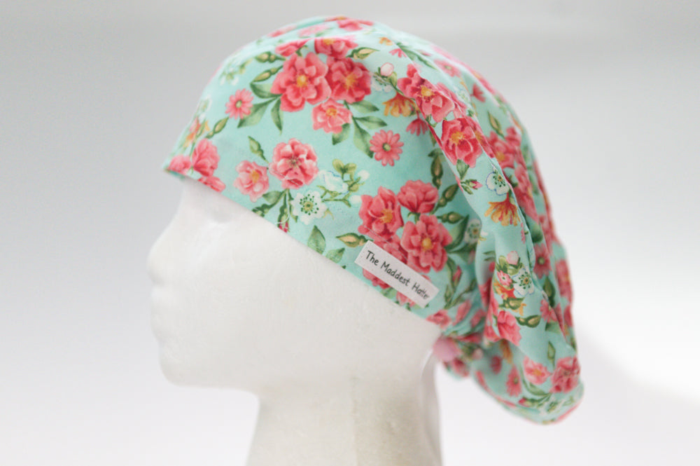 Mint Green Pretty Pink Flowers Sprite Style Surgical Hat