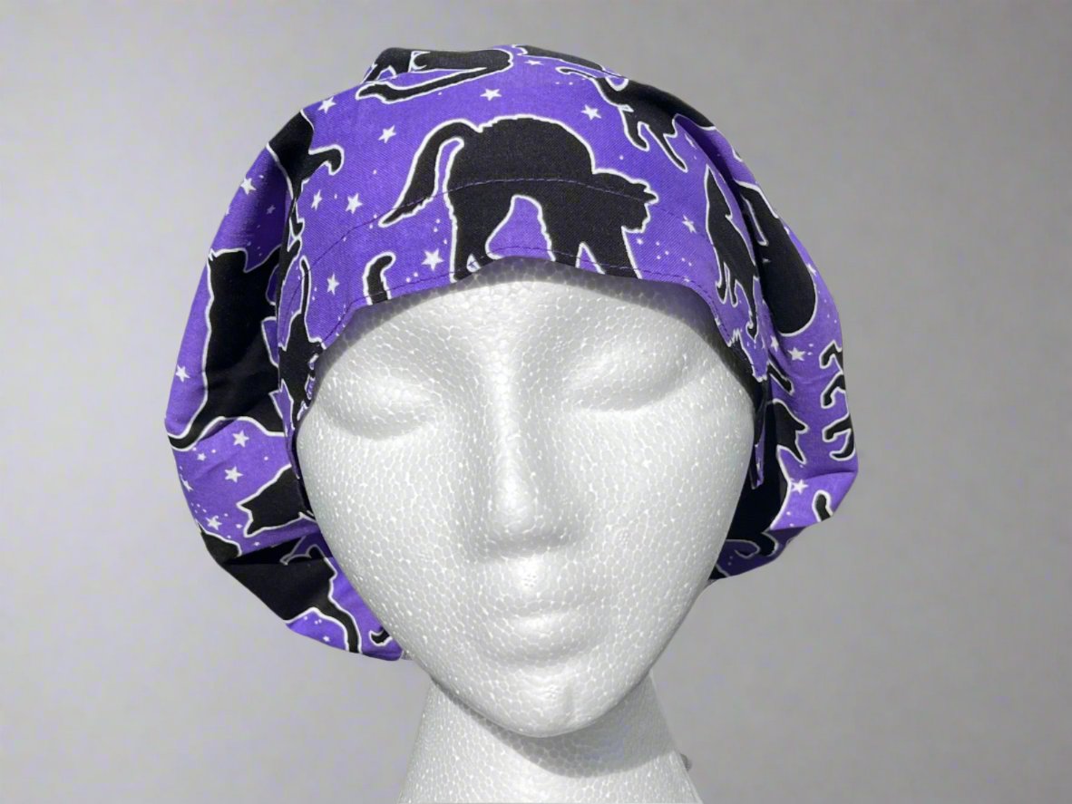 Spooky Purple Black Cat Hattie Style Surgical Hat