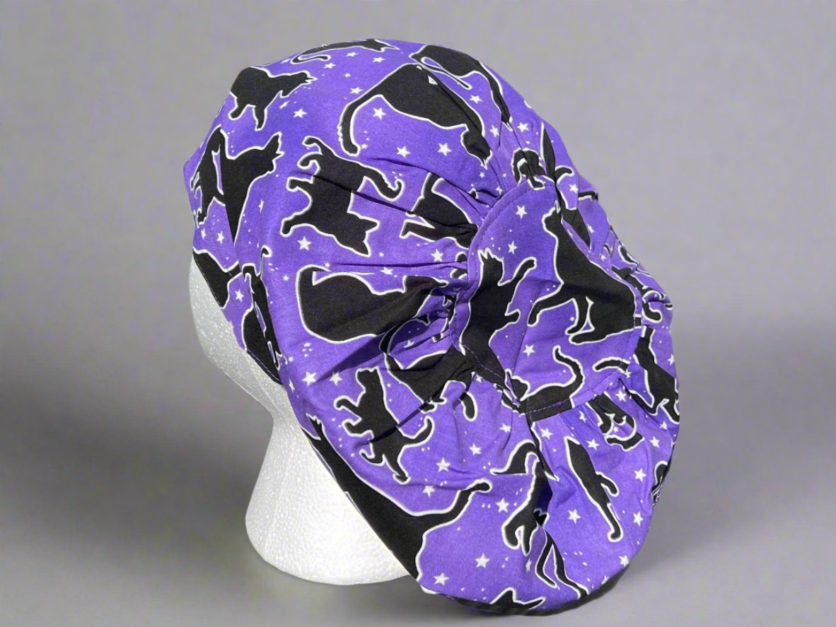 Spooky Purple Black Cat Hattie Style Surgical Hat