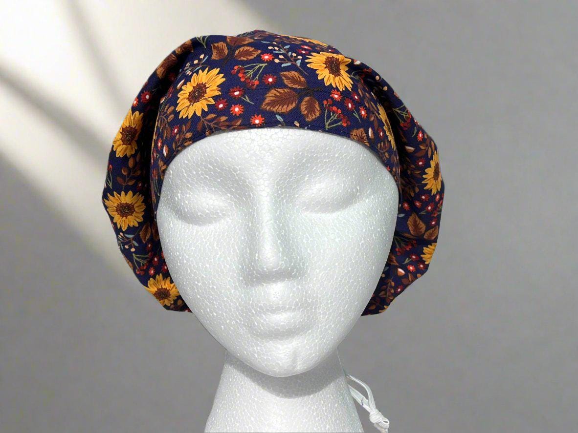 Sunny Sunflowers on Plum Hattie Style Surgical Hat