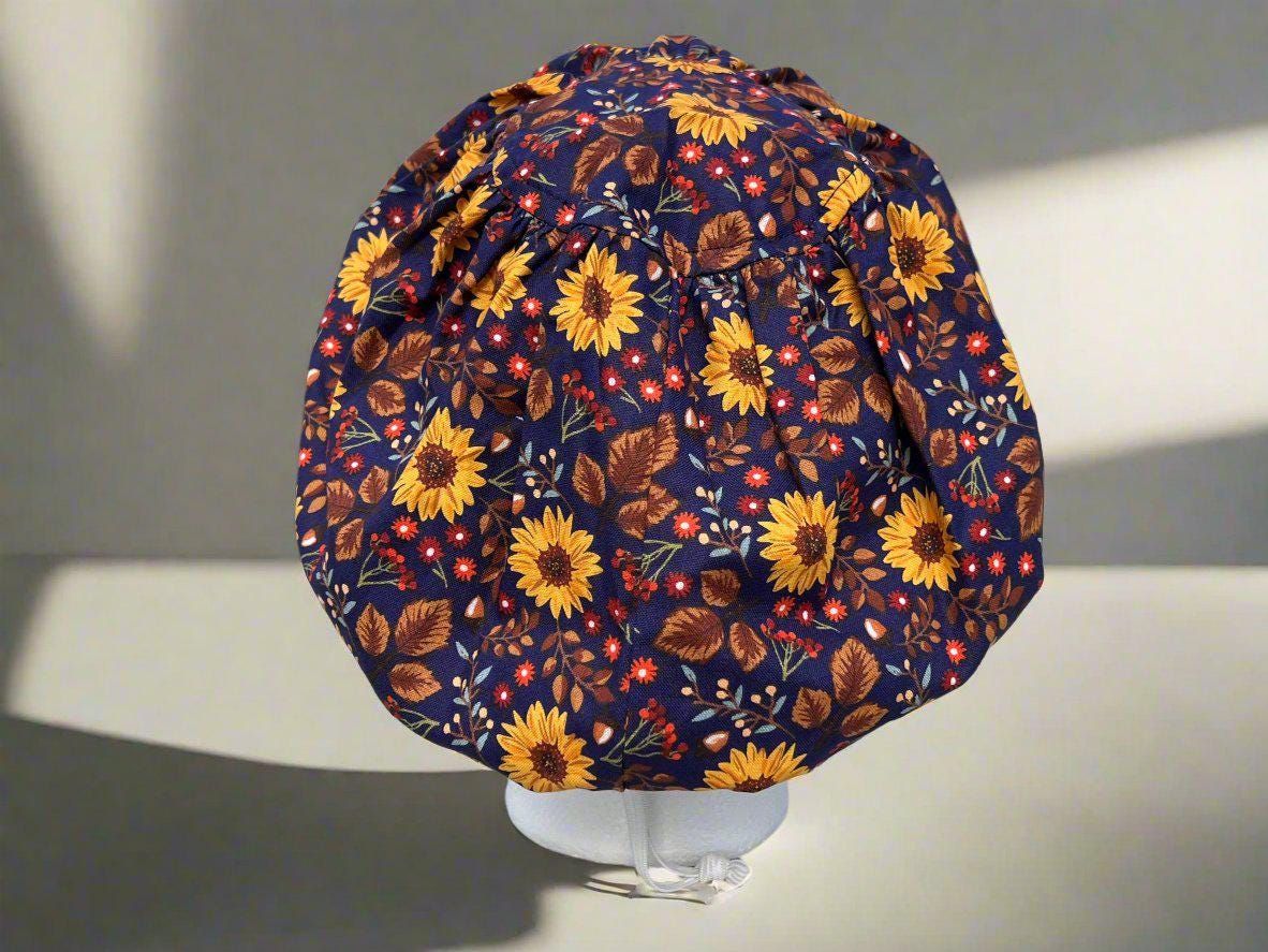 Sunny Sunflowers on Plum Hattie Style Surgical Hat