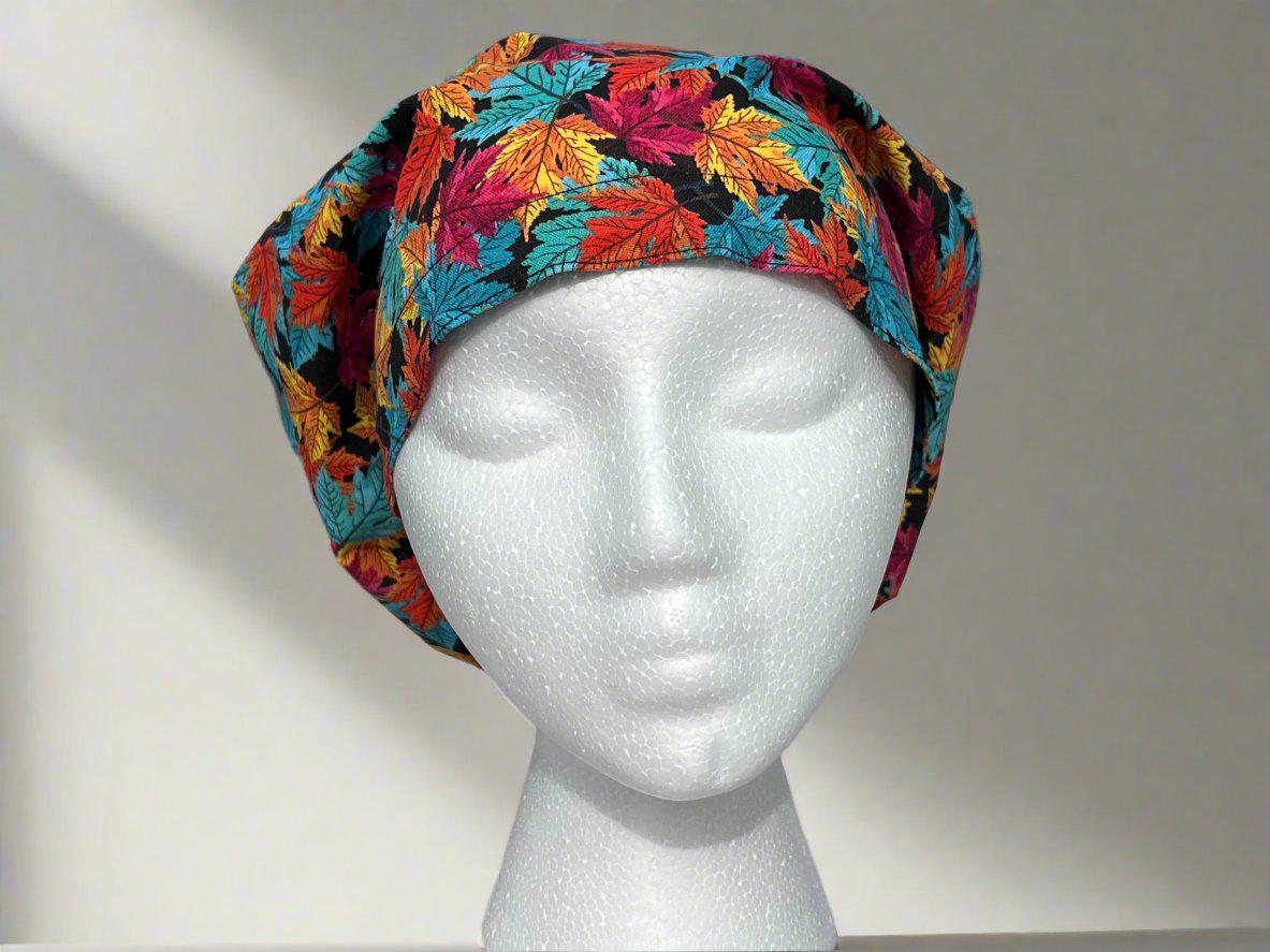 Colorful Leaves on Black Hattie Style Surgical Hat