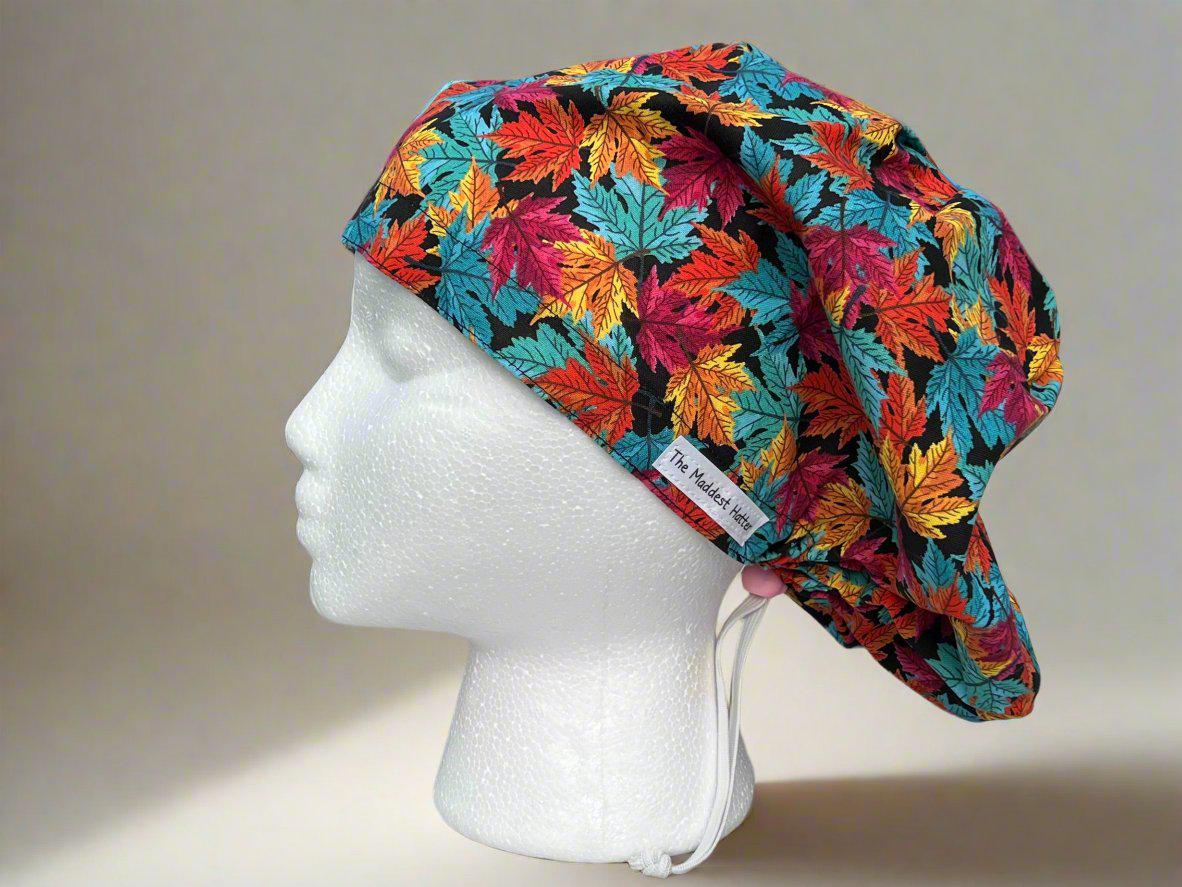 Colorful Leaves on Black Hattie Style Surgical Hat