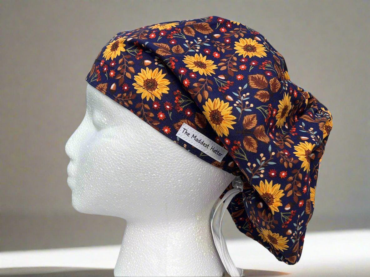 Sunny Sunflowers on Plum Hattie Style Surgical Hat